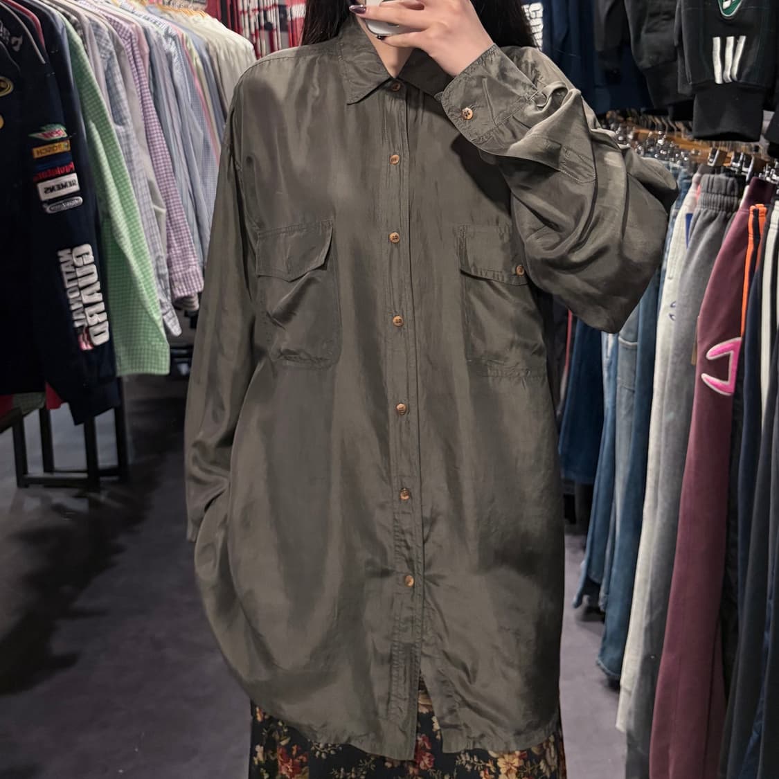 [IM] 실크 긴팔셔츠 카키 브라운 상품이미지1