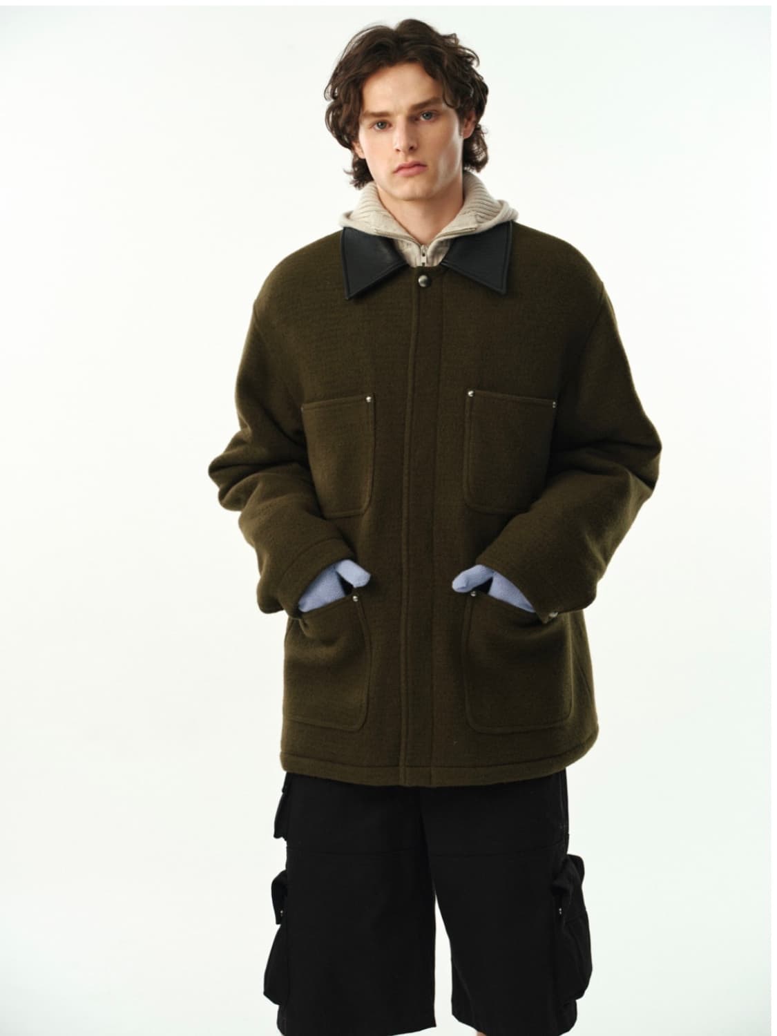 (unisex) 문선 스터드 하프 울 코트 카키브라운 상품이미지3