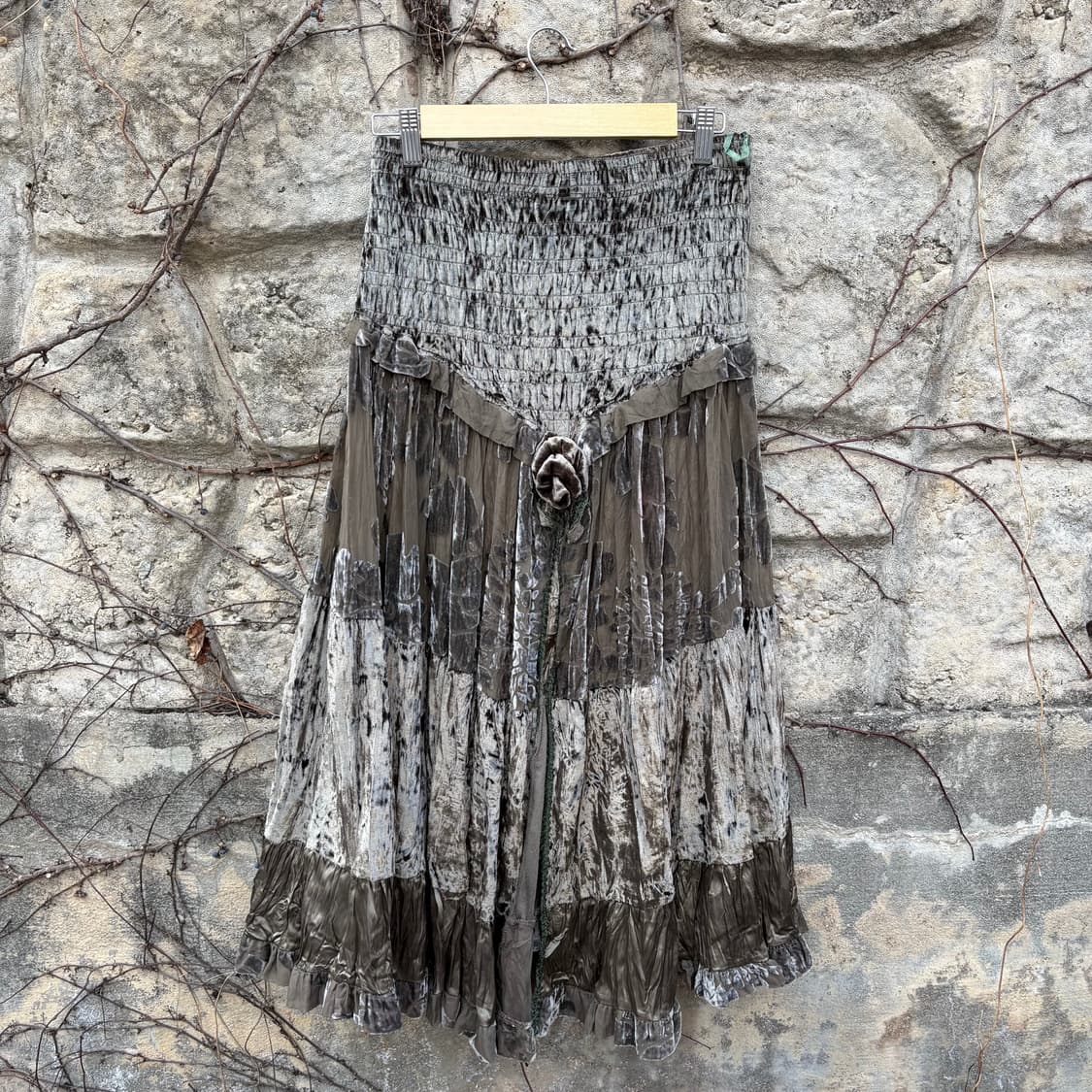 빈티지 엔틱 벨벳 레이어드 셔링 레이스 롱 스커트 상품이미지1