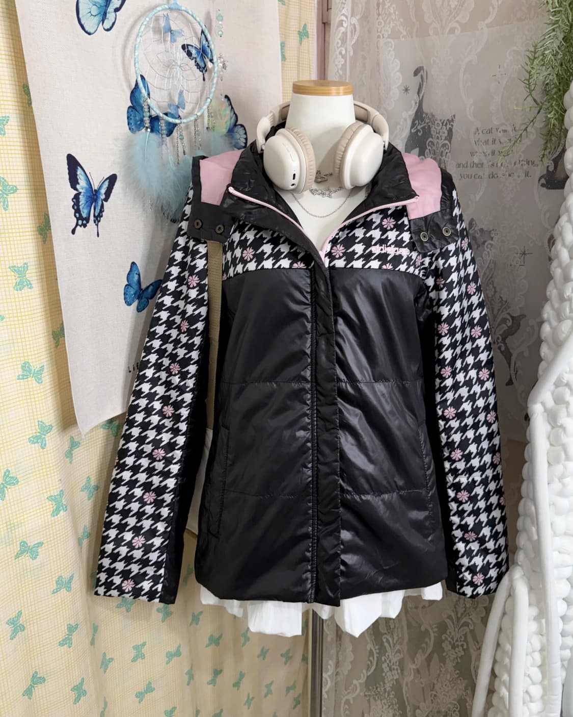 아디다스 블랙 & 핑크 하운드 체크 패딩 자켓 상품이미지4