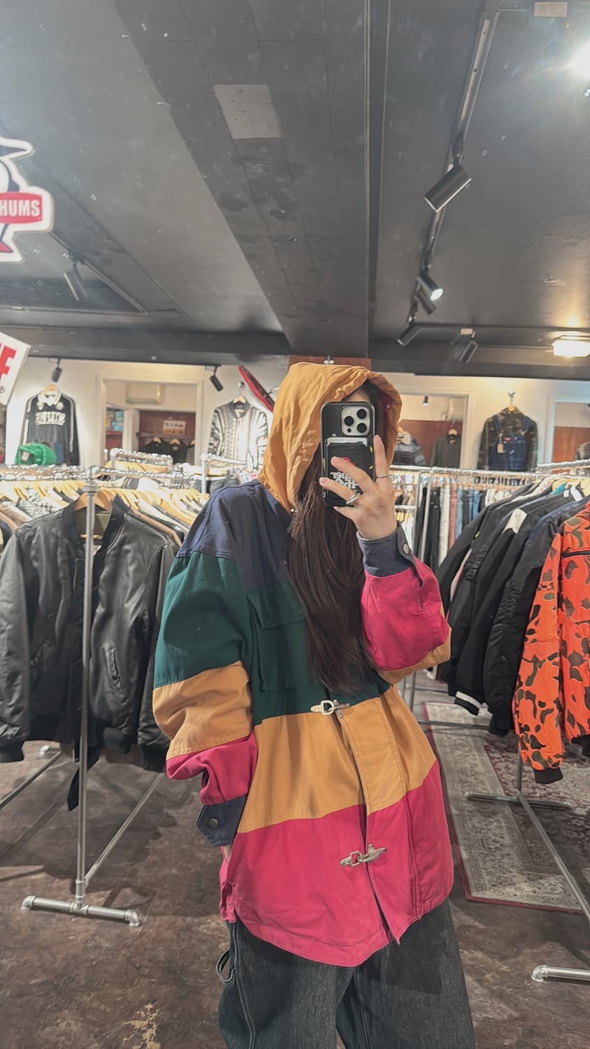 90s 빈티지 프렌치 컨트리 컬러블럭 파이어맨 버클 후드 워크 자켓 상품이미지7