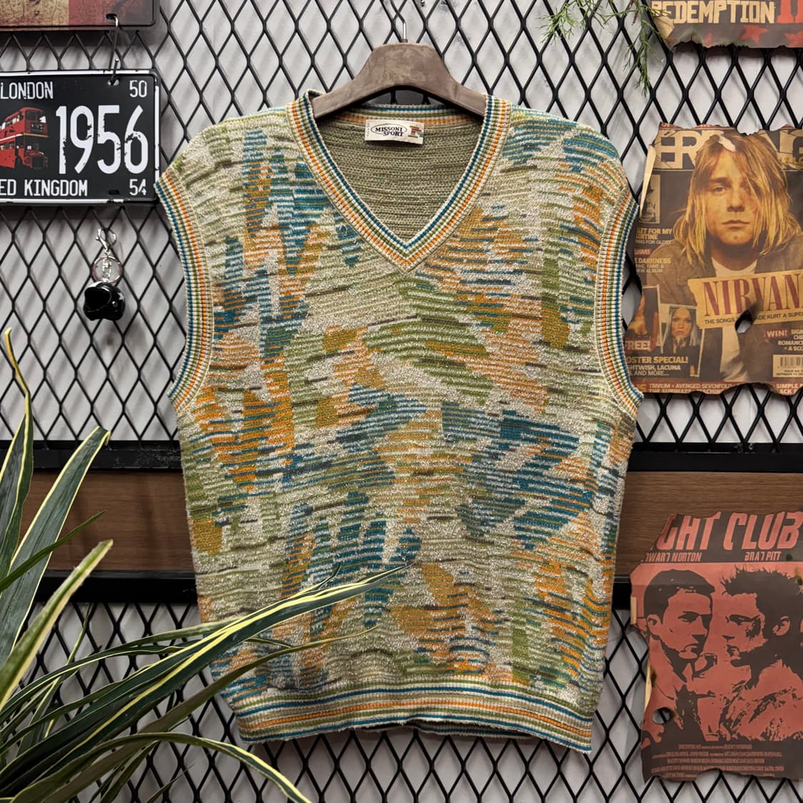 90s 미쏘니 스포츠 니트 베스트 멀티컬러 자가드 패턴 그린 상품이미지1