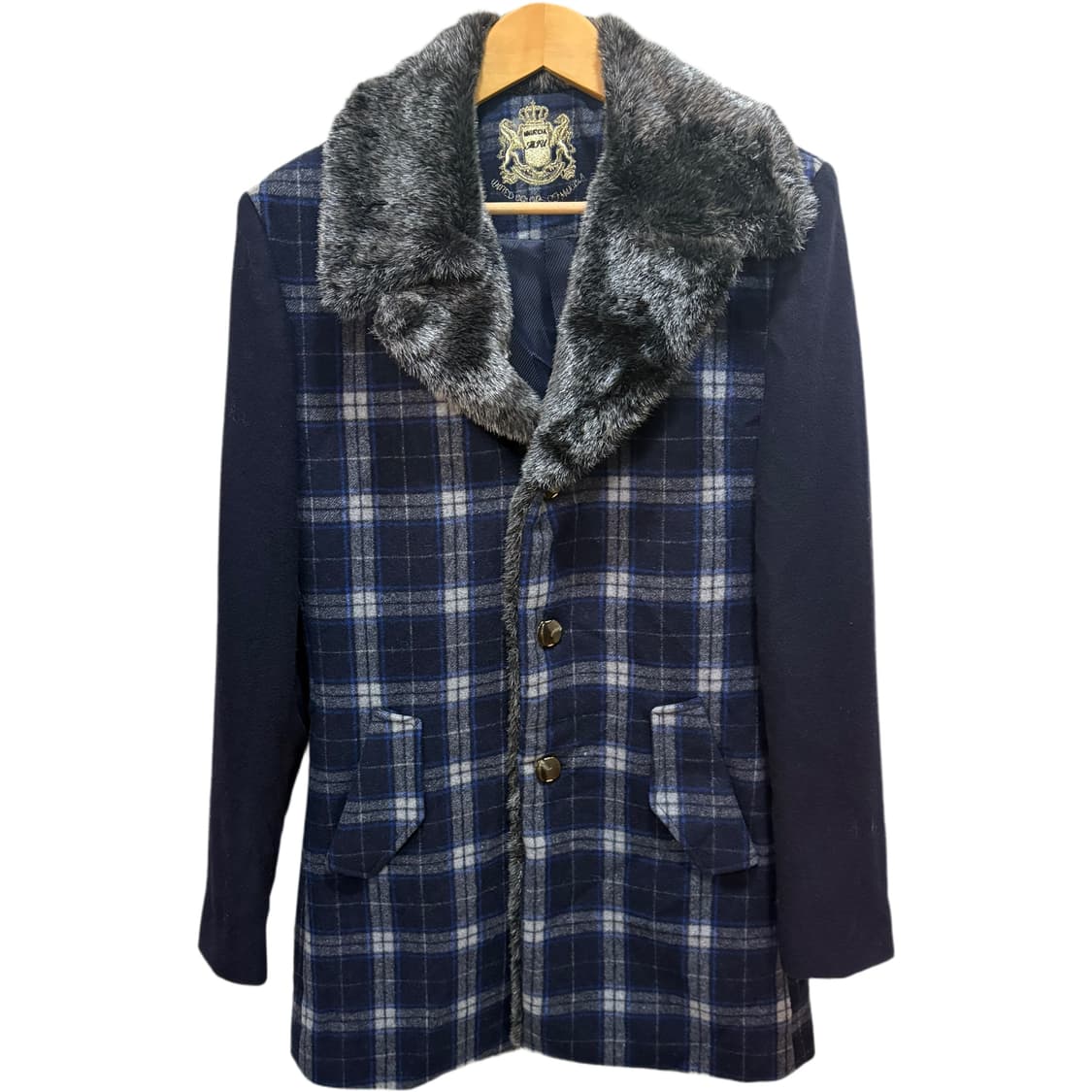 빈티지 네이비 체크 털 카라 코트 상품이미지6