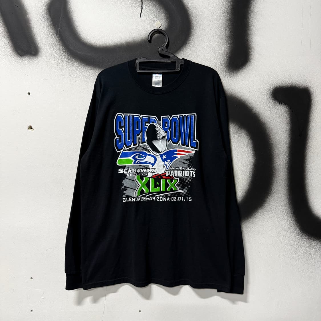 Jerzees 슈퍼볼 씨호크 페트리어트 빅 프린팅 롱슬리브 티셔츠 상품이미지1