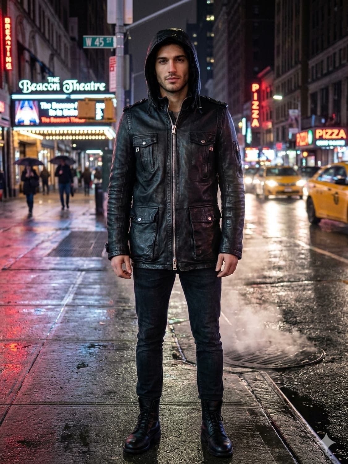 후드 디테일 블랙 레더 필드 자켓(천연양가죽 95사이즈) 상품이미지1