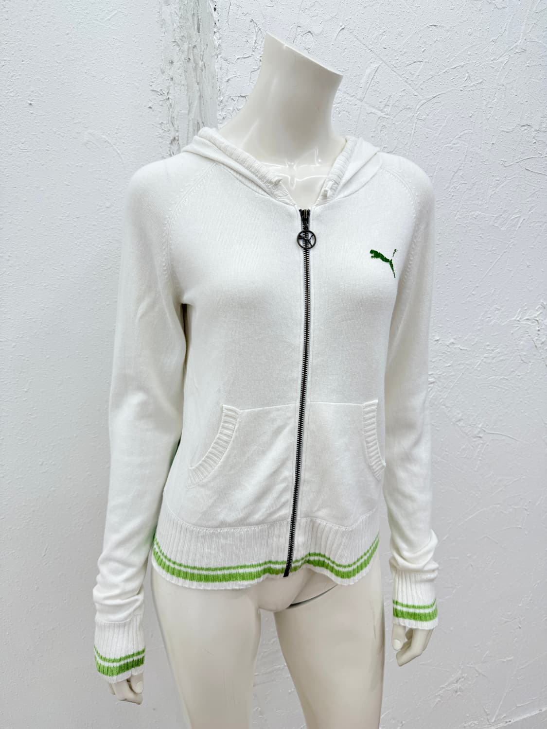 빈티지 PUMA 화이트 그린 시스루 롱슬리브 니트 후드 집업 상품이미지2