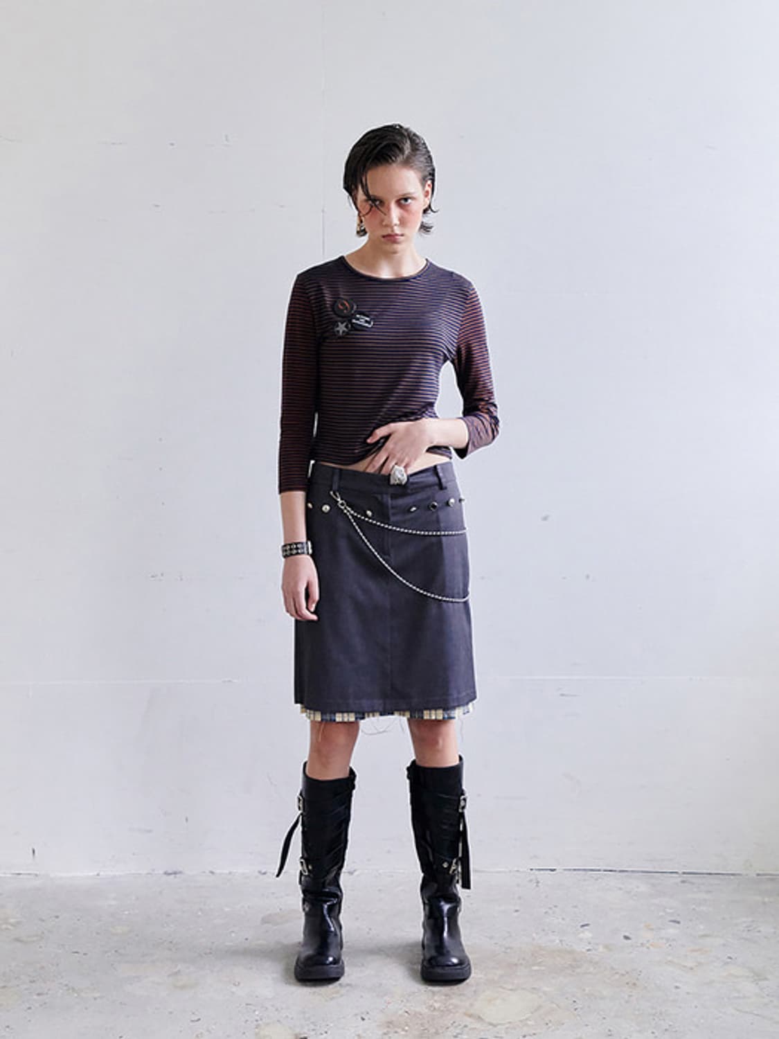 데어드 RAW EDGE CHECKED LAYERED SKIRT 상품이미지1