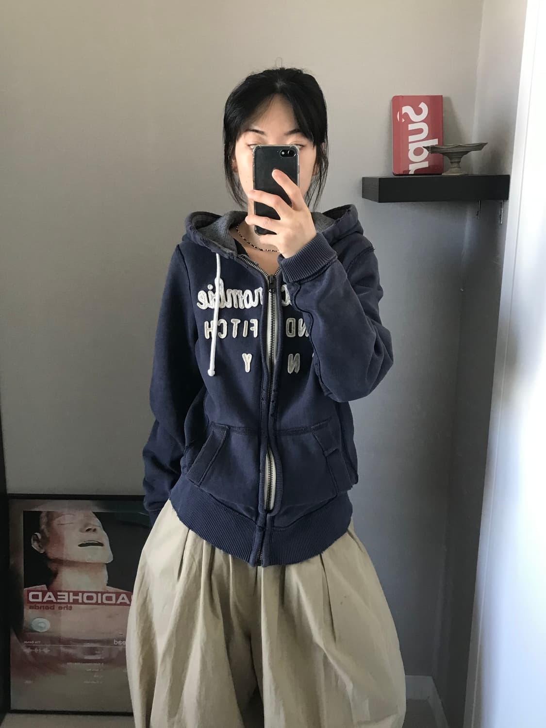 아베크롬비 자수 로고 네이비 헤비 써멀 후드집업 상품이미지1