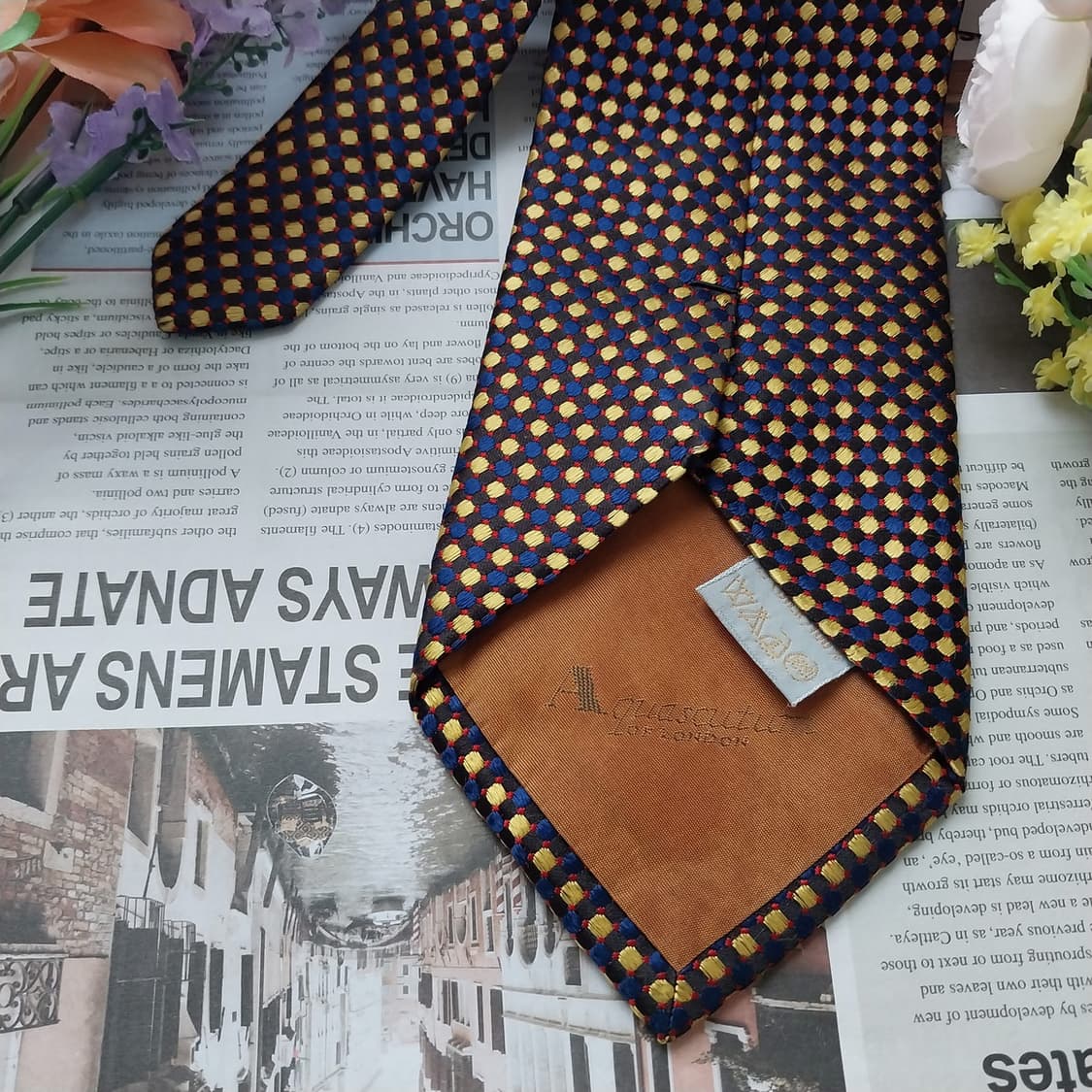 아쿠아스큐텀 실크 네이비 체크 도트 넥타이 9.3cm A+등급 K1215 상품이미지6