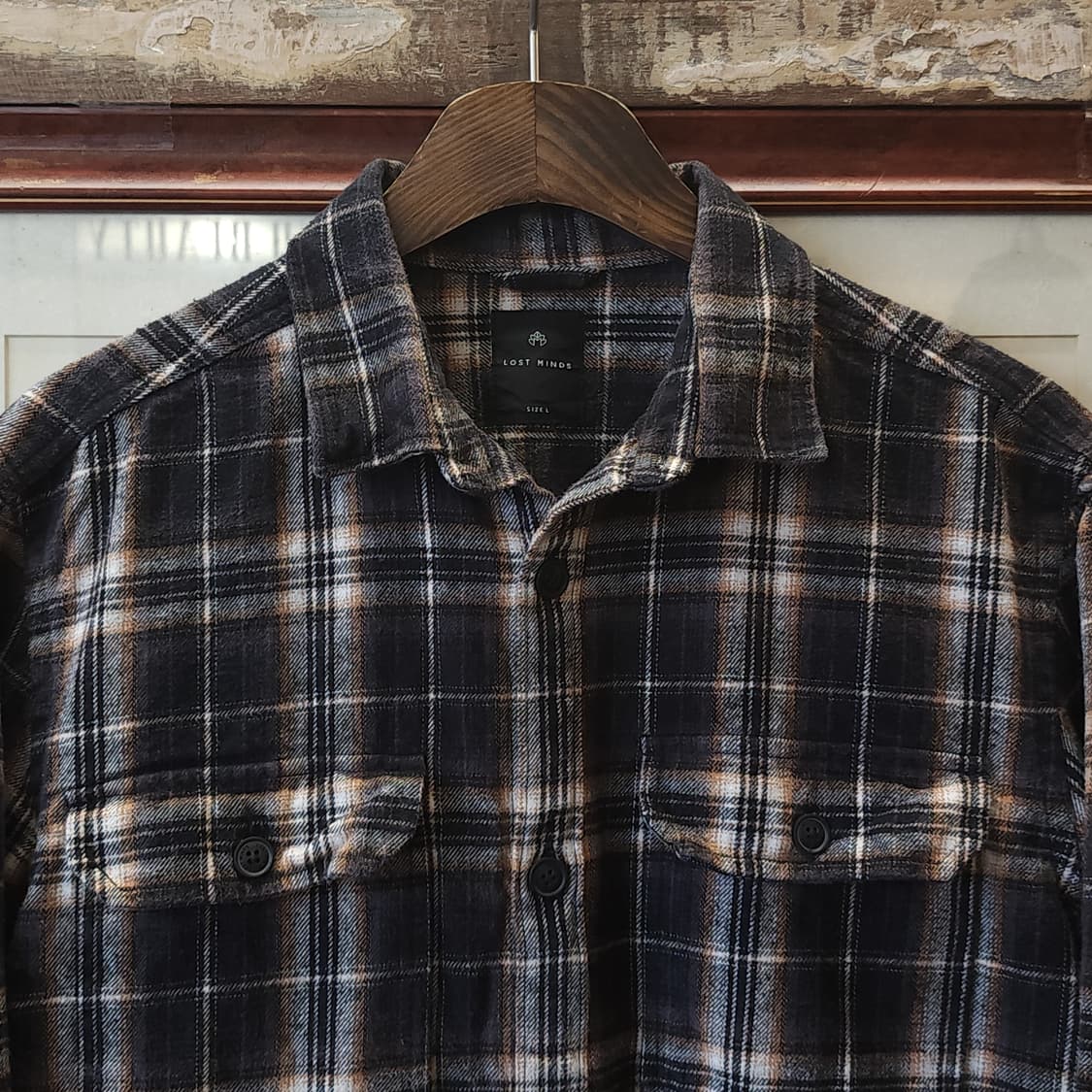 90s 아메리칸 빈티지 체크셔츠 헤비 플란넬 워크셔츠 블랙 L 상품이미지3