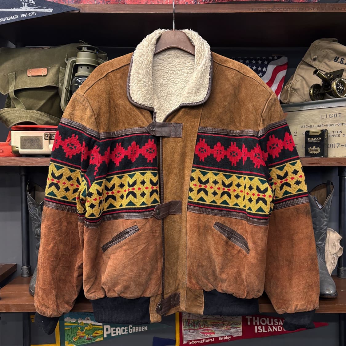 90s 빈티지 나바호 카우하이드 스웨이드 레더 쉐르파 봄버자켓 N582 상품이미지1