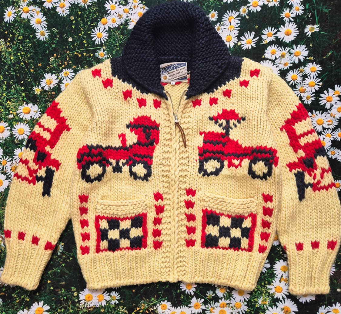 black power 일본 코위찬 옛날 자동차 패턴 니트 자켓 L 상품이미지1