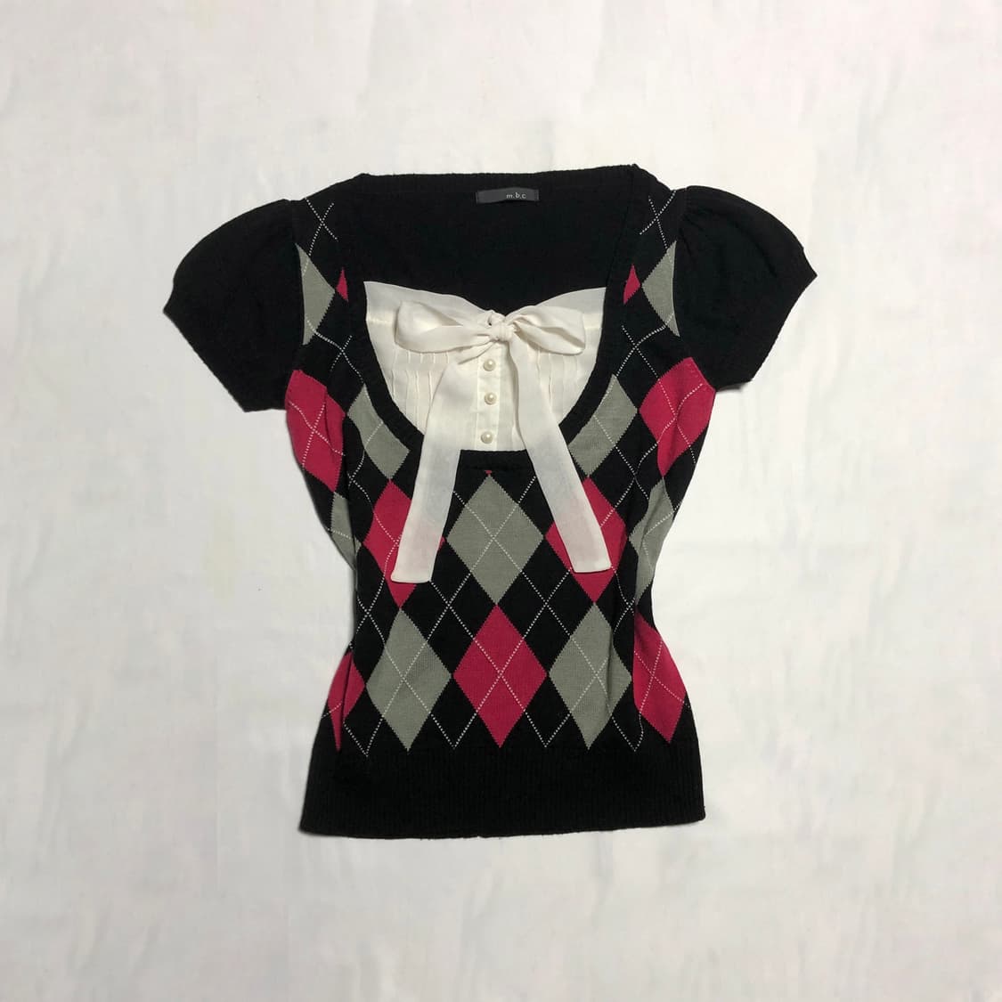 리본 로걀 아가일 니트 탑 블랙 상품이미지1