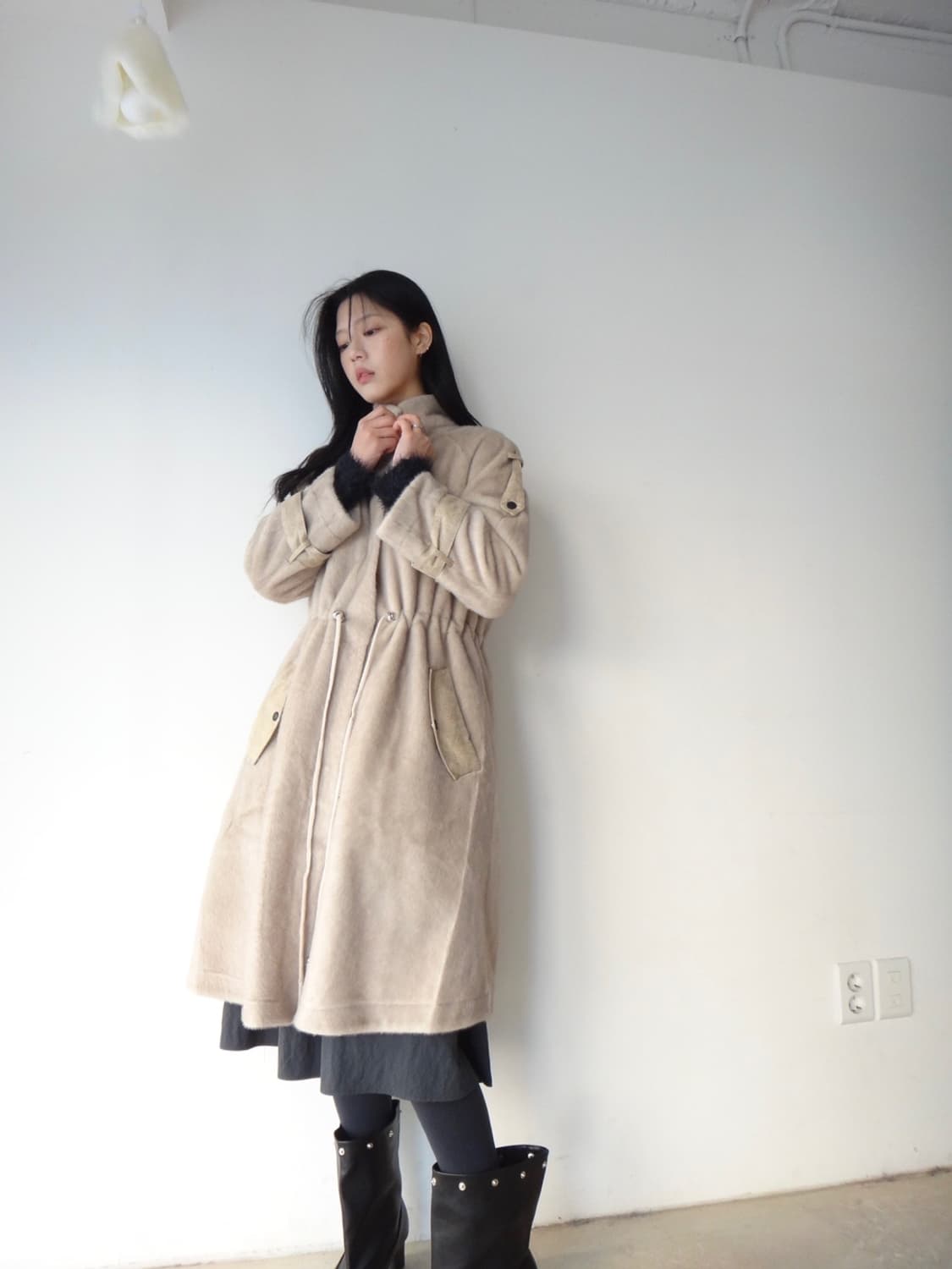 Suede & soft fur mix high neck long coat 상품이미지4