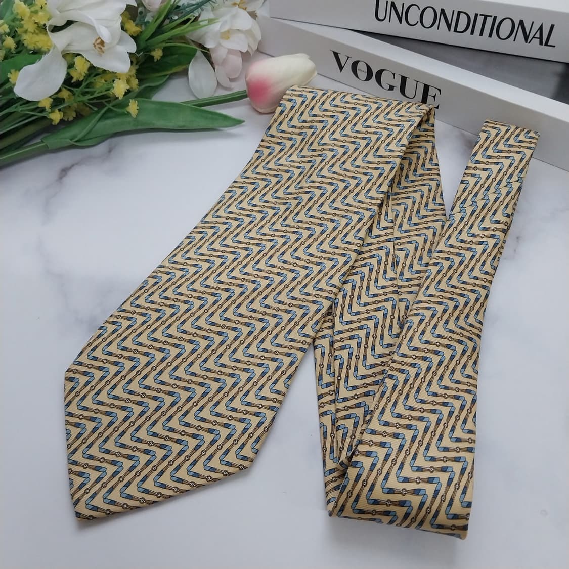 던힐 실크 옐로&블루 지그재그 패턴 넥타이 9.2cm A+등급 K838 상품이미지5