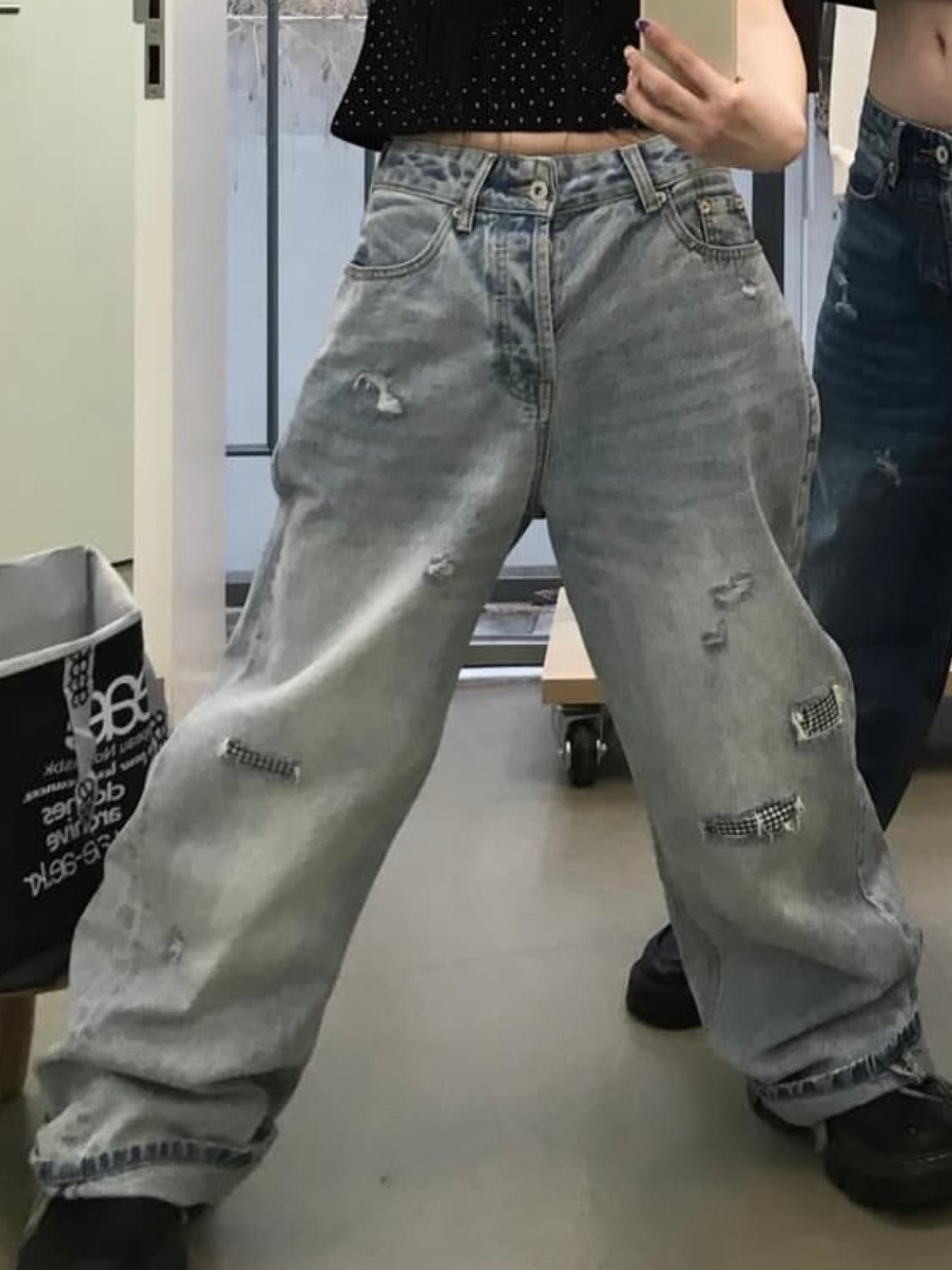 Aeae 체크 패치워크 데님팬츠 라이트블루 0 상품이미지2