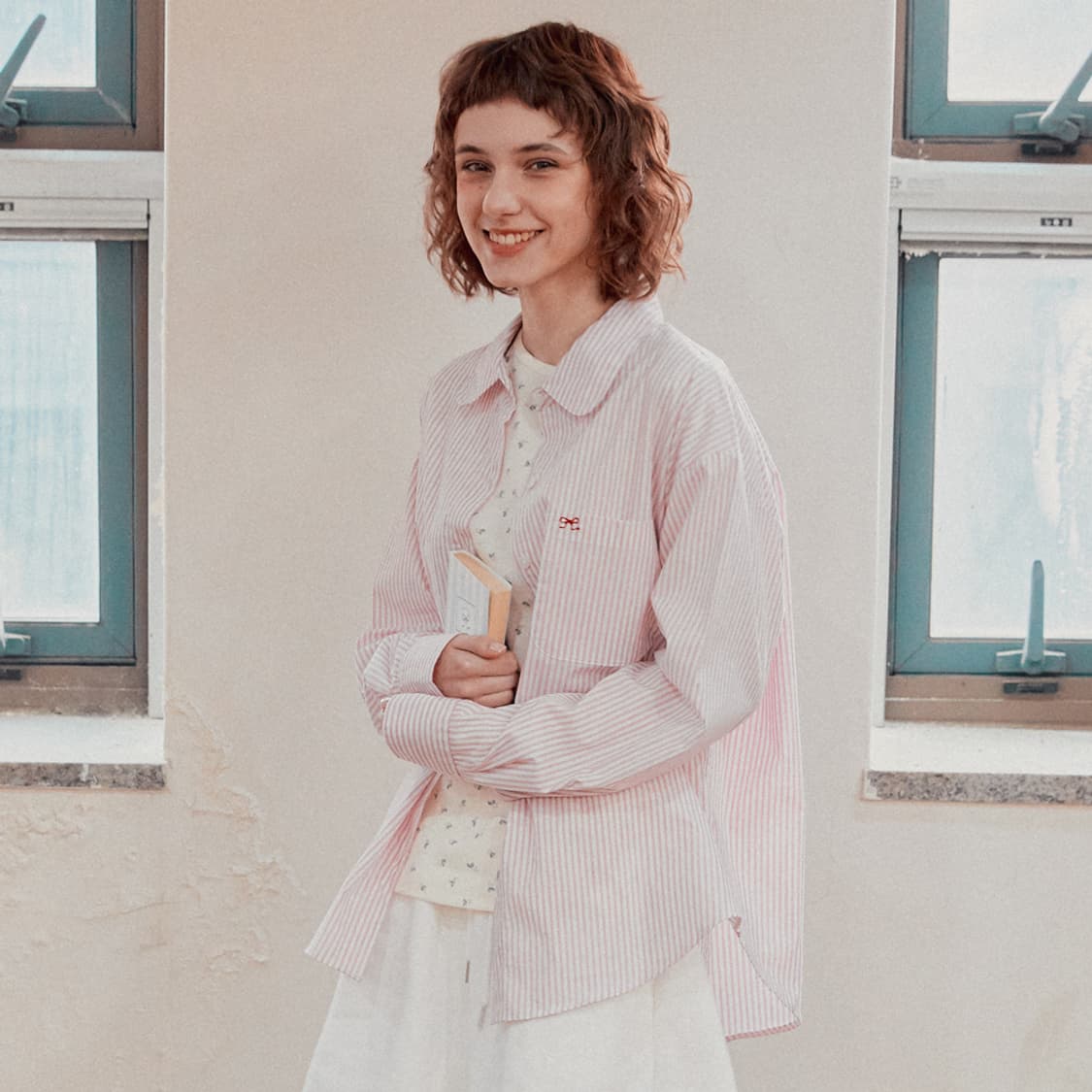 ronron 론론 라운드 카라 포켓 셔츠 핑크스트라이프 상품이미지1