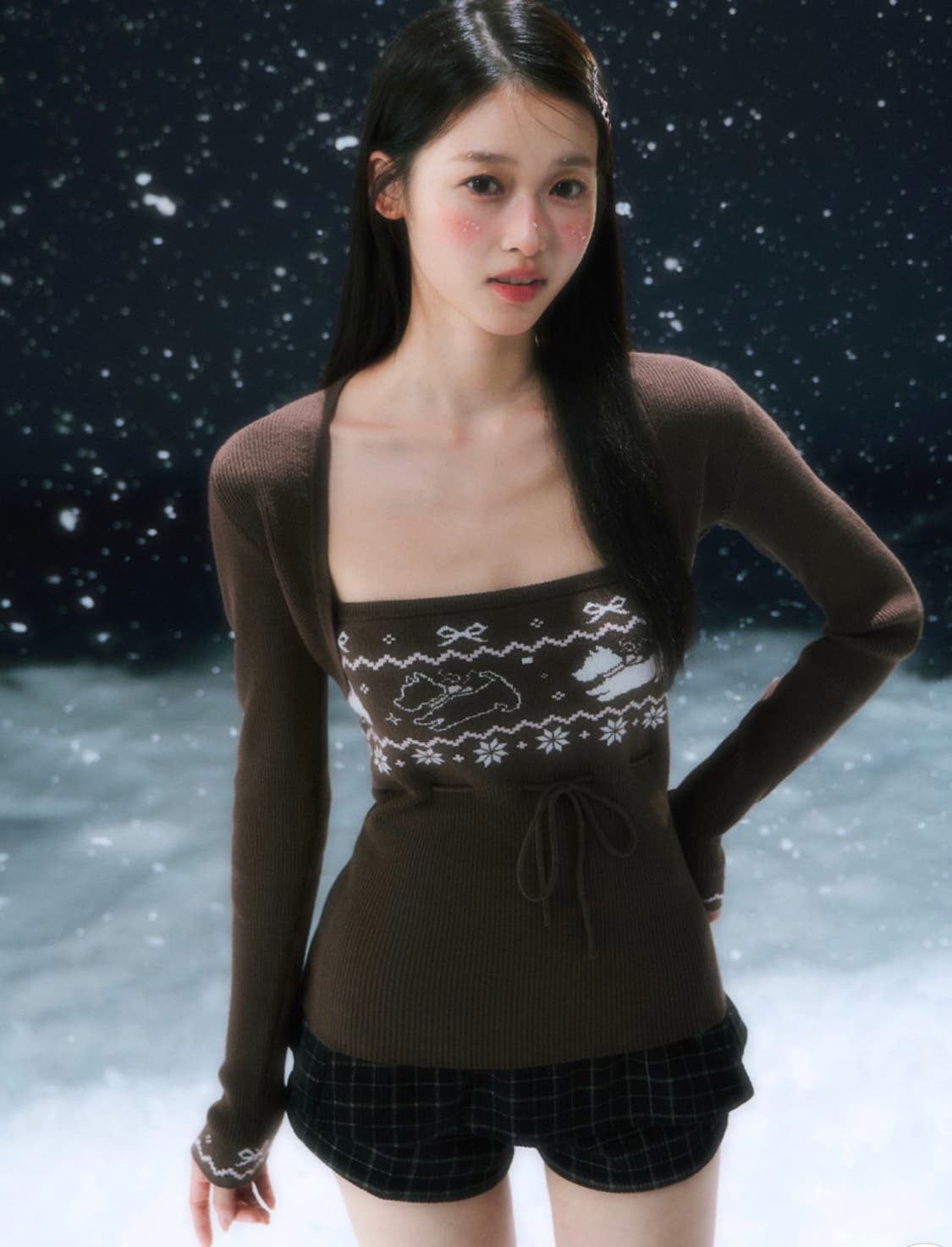 WEEKENDHUB 니트 브라운 스웨터 레이어드 투피스 니트 카디건 상품이미지2