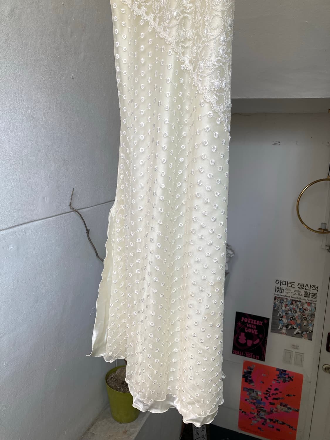 레이스 크림 롱 끈 슬립 원피스 상품이미지3