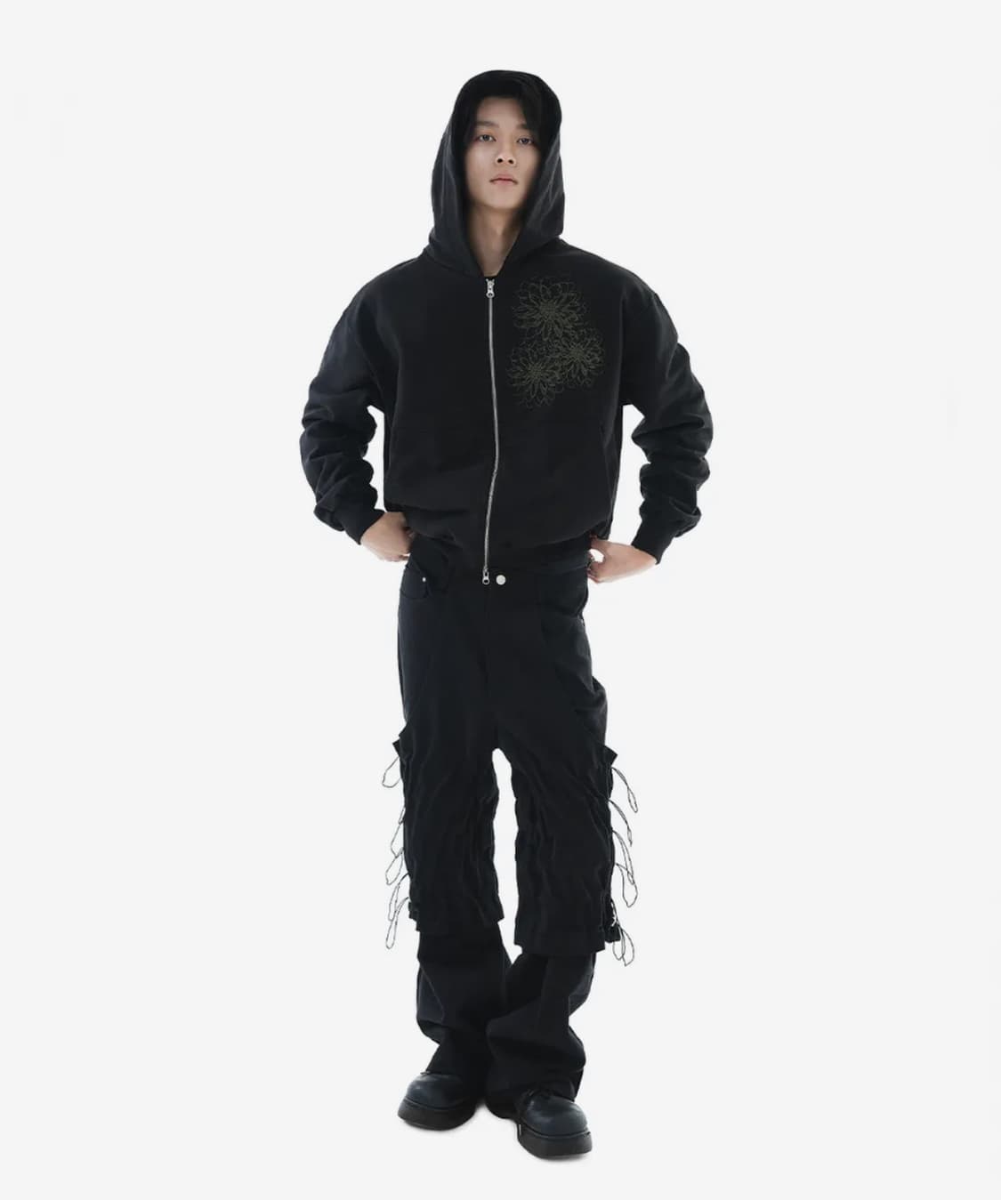 헤오진 플레어 베어리언트 레이어드 와이드 코튼팬츠 블랙  상품이미지5