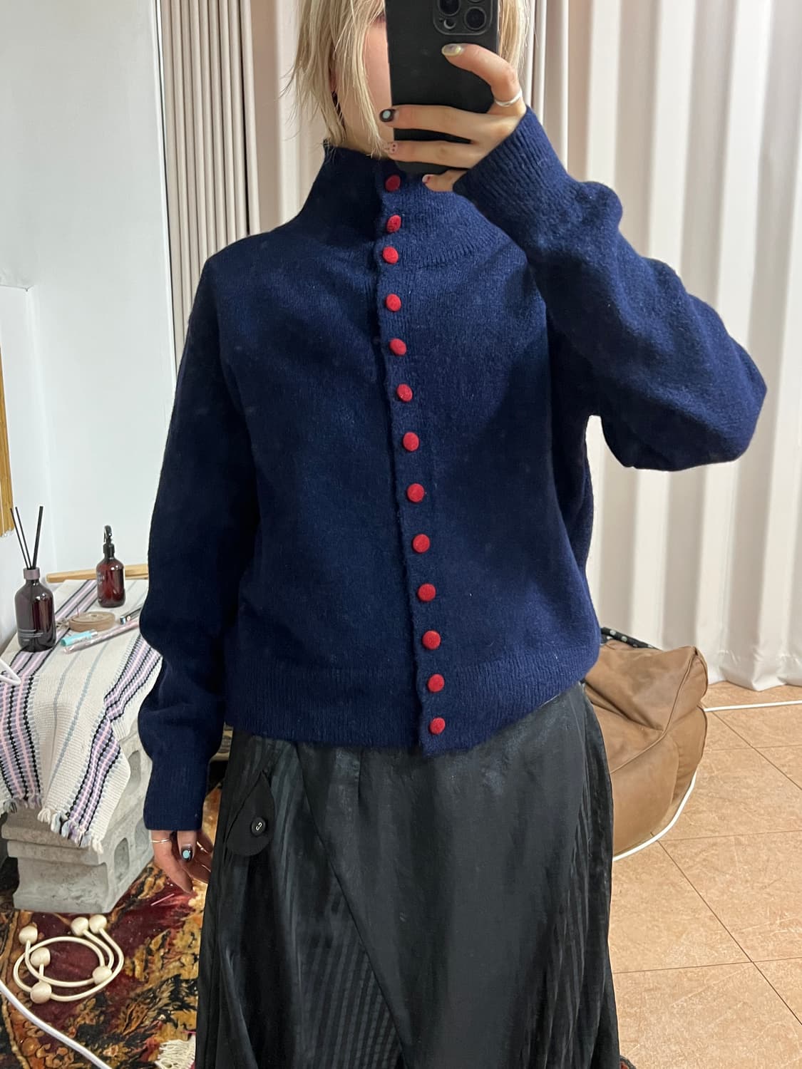 빈티지 하이넥 네이비 니트 가디건  상품이미지1