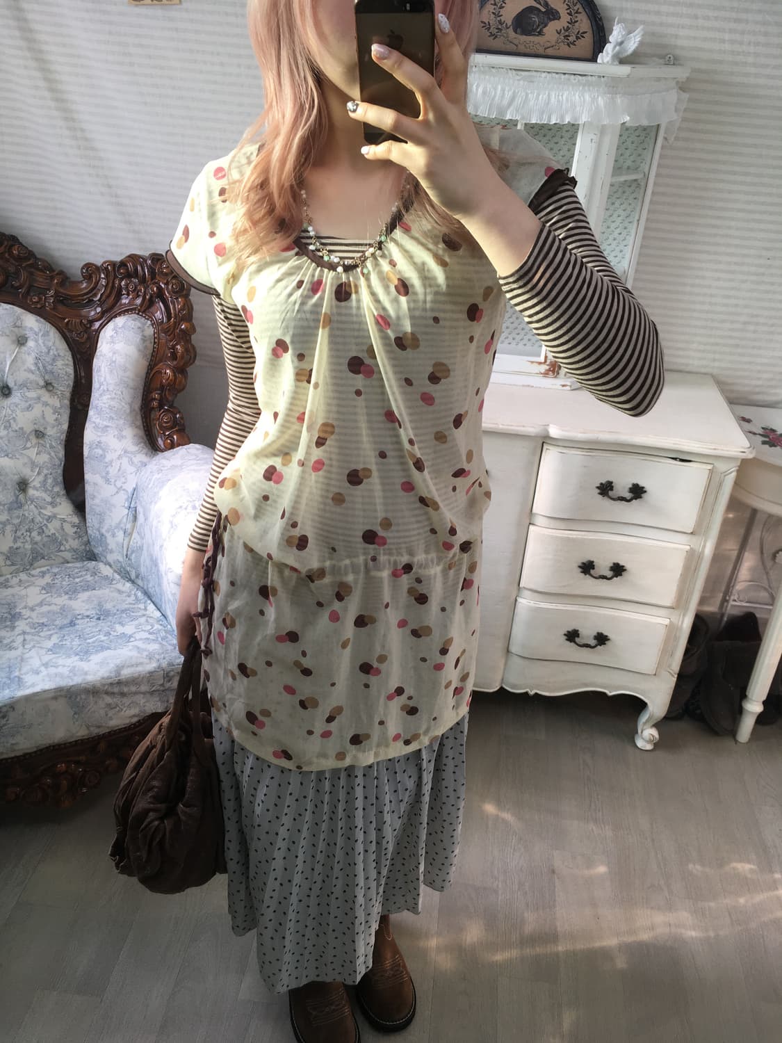 Set) 일본빈티지 도트 블라우스 + 브라운 스트라이프티 상품이미지3