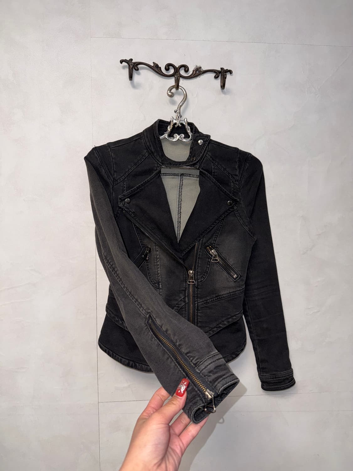 Washing black denim line zipper rider jk 상품이미지3