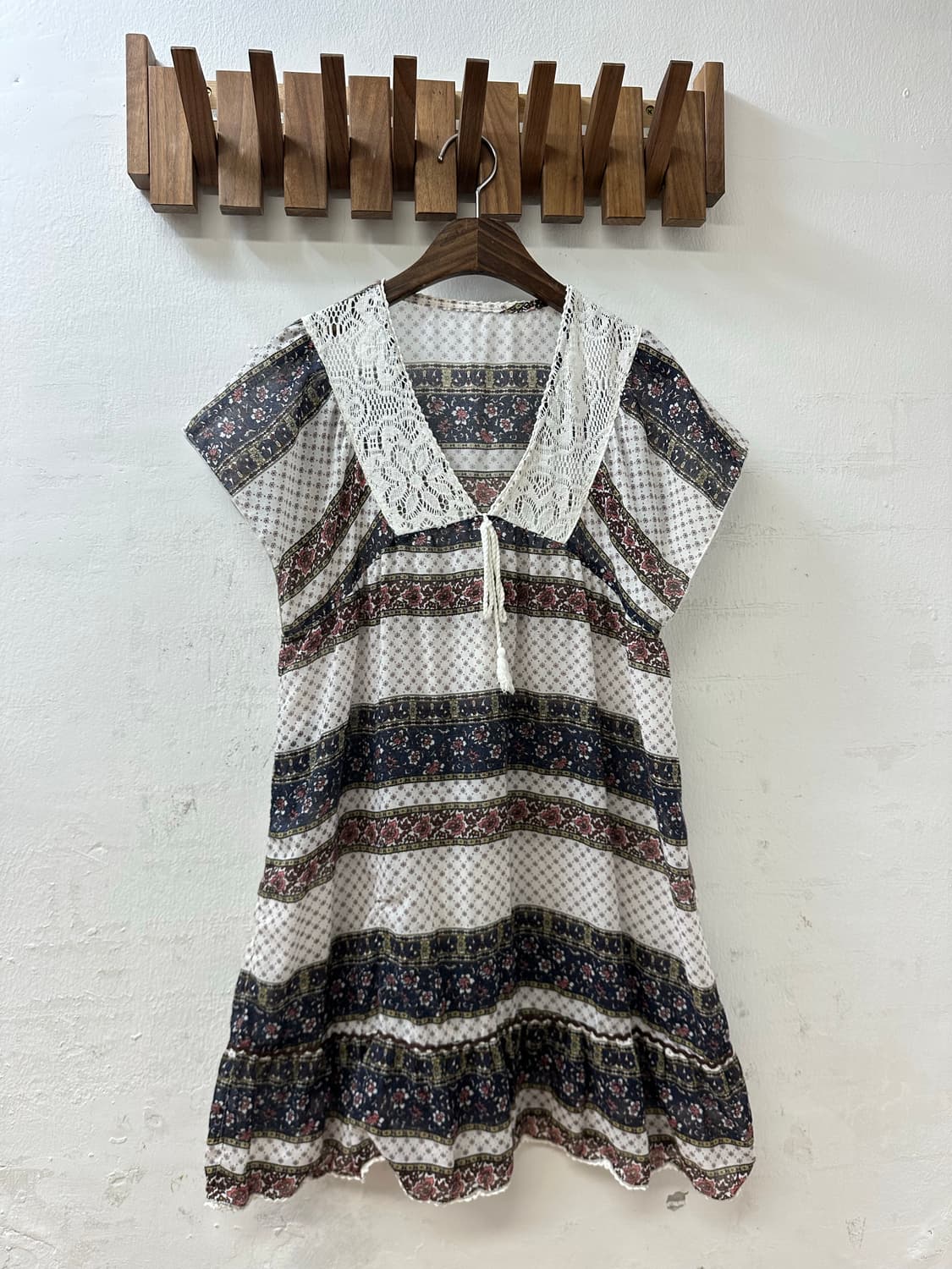 일본빈티지 레이스 세일러 카라 플로럴 보더 패턴 튜닉 블라우스 원피스 상품이미지1