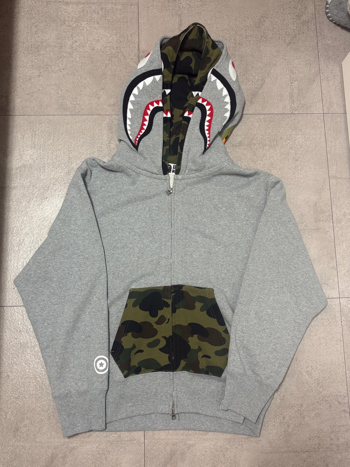 BAPE 베이프 퍼스트 카모 샤크 풀 집 더블 후드 그레이 상품이미지1