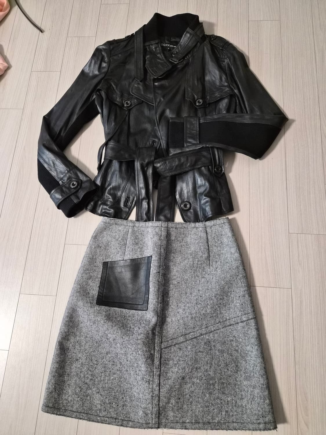 GGPX NEW YORK 벨티드 배색 가죽 자켓 (사이즈 M) 상품이미지2