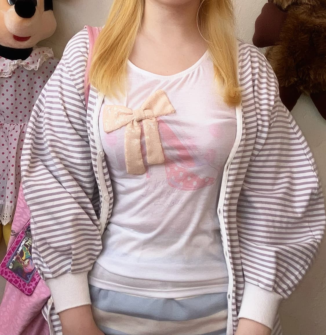 (set)구두리본 퍼프 티셔츠+스트라이프 가디건 세트 상품이미지1