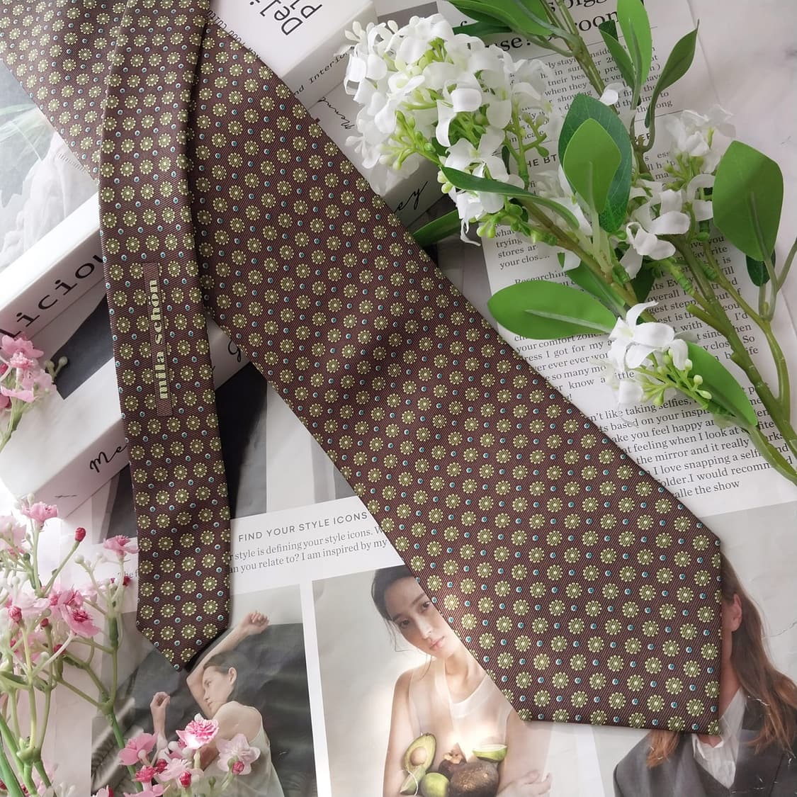 밀라숀 실크 브라운 플라워 패턴 넥타이 9.5cm A+등급 K2326 상품이미지4