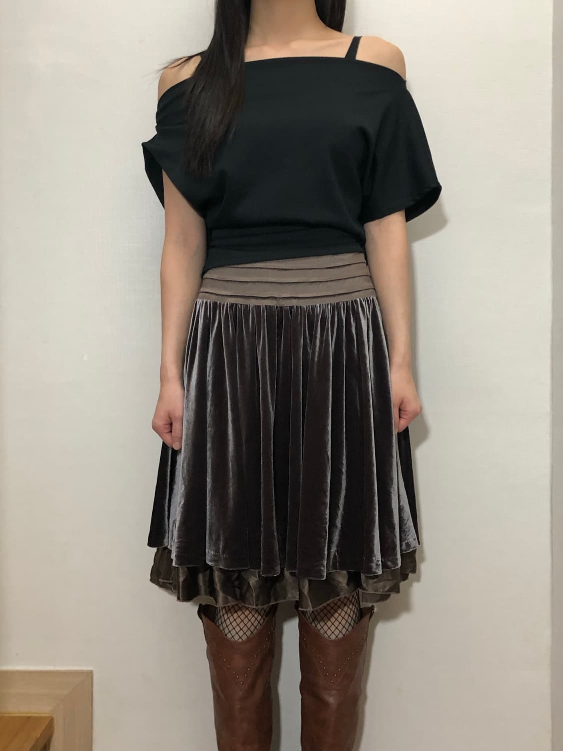 빈티지 그레이 벨벳 미디 스커트 상품이미지1