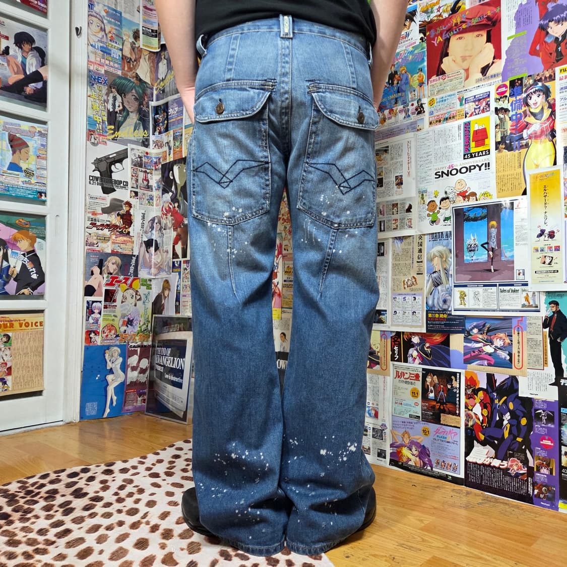 스플래터 워싱 가죽 포인트 데미지 데님 팬츠 상품이미지1