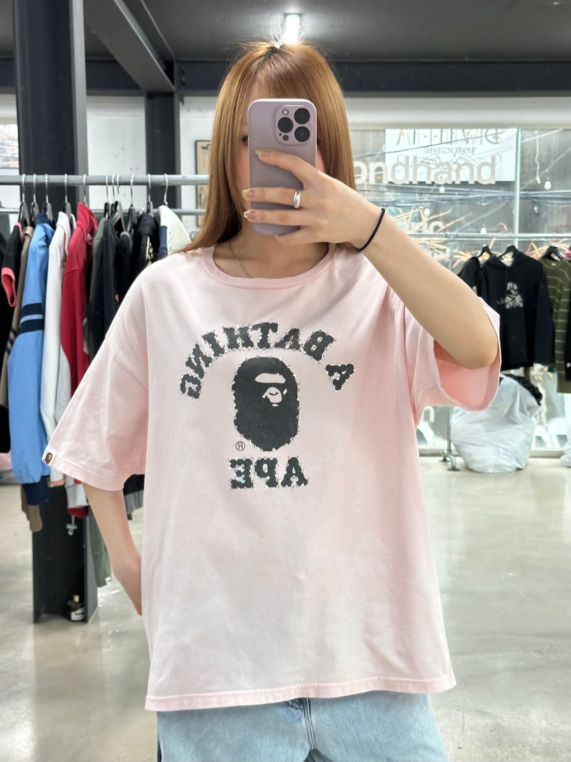 베이프 큐빅 컬리지 반팔티 핑크 상품이미지1