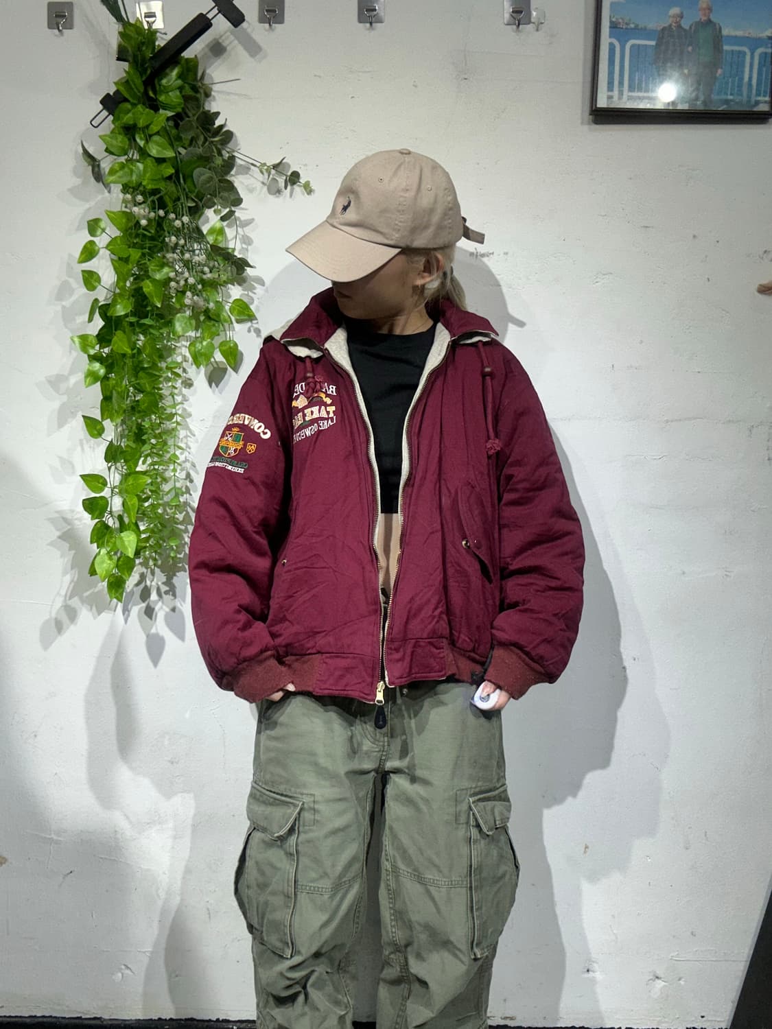 일본 빈티지 버건디 베이지 리버시블 양면 후드 점퍼 자수 자켓 잠바  상품이미지2