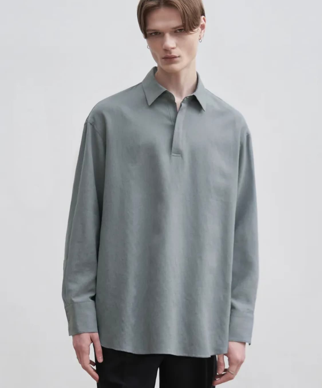 드로우핏 - 오버사이즈 린넨 풀오버 카라 셔츠 [MINT GREY/L] 상품이미지1