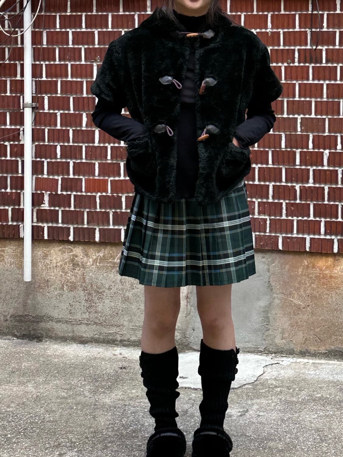 더플 퍼자켓 시스루 목폴라 체크 스커트 코디세트 상품이미지2