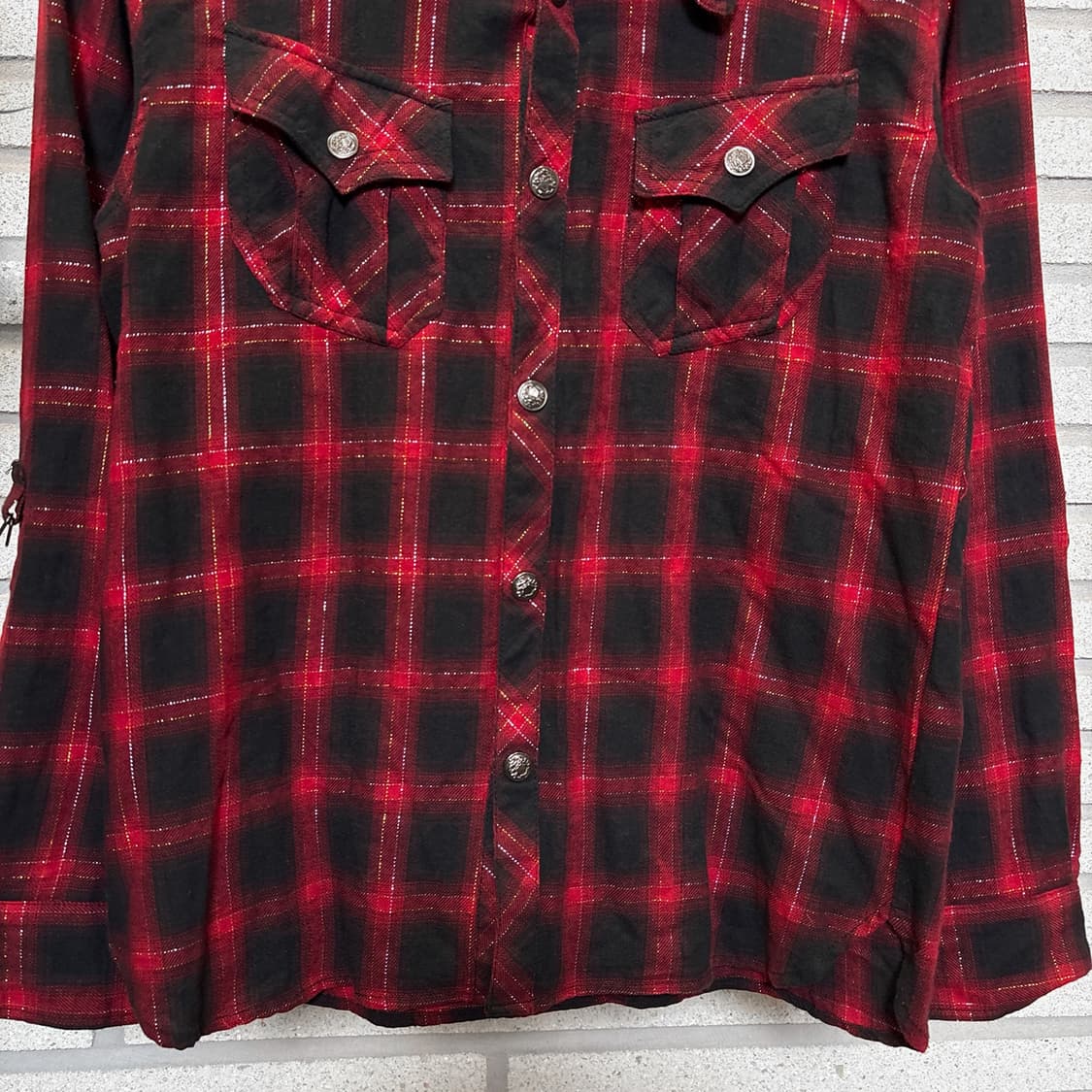 JPN VINTAGE 후드 레이어드 셔츠자켓 퍼팔로체크 펄 디테일 레드 상품이미지5