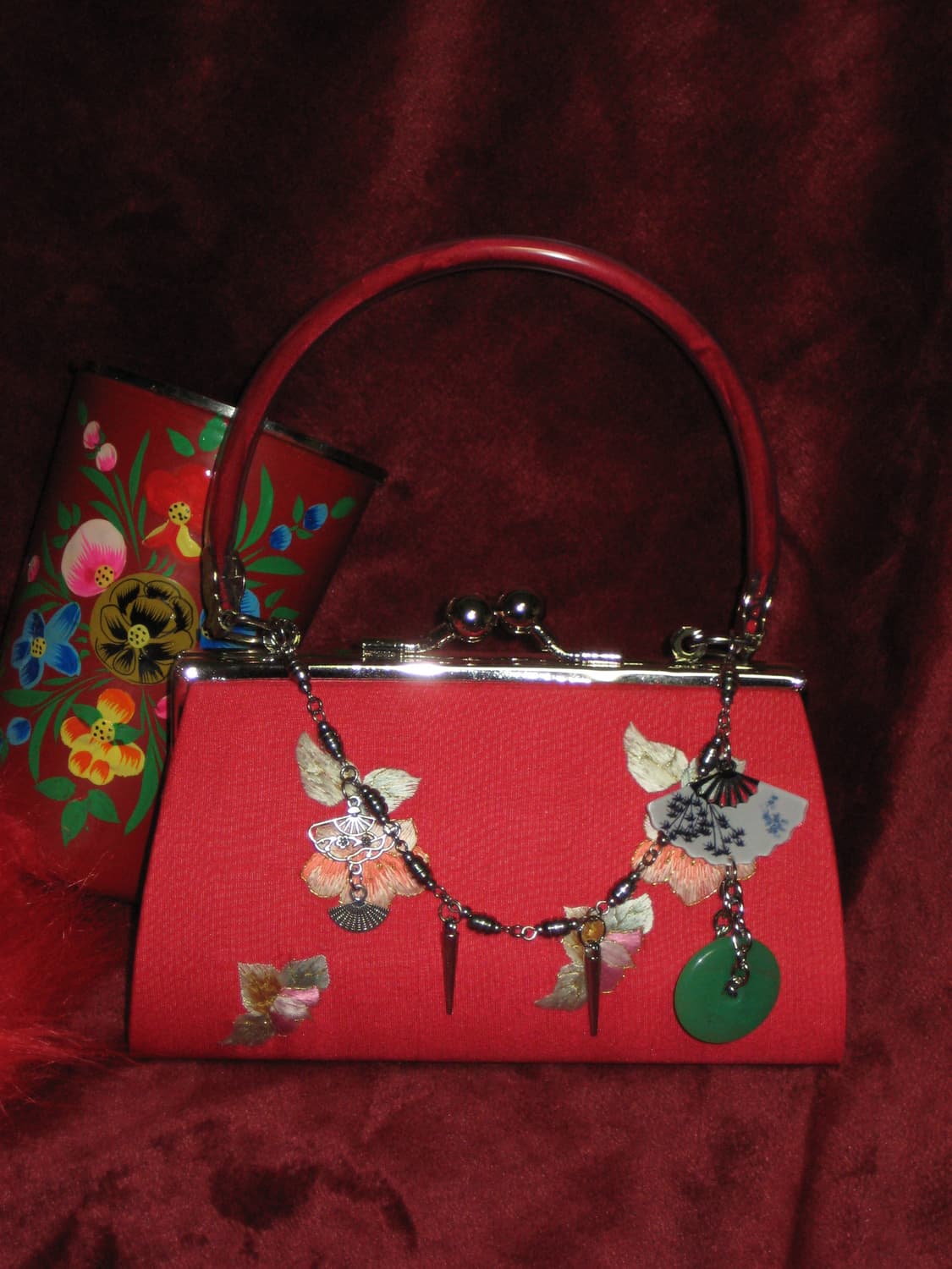 오리엔탈 레드 자수 도트 클러치백 체인메이드 상품이미지4