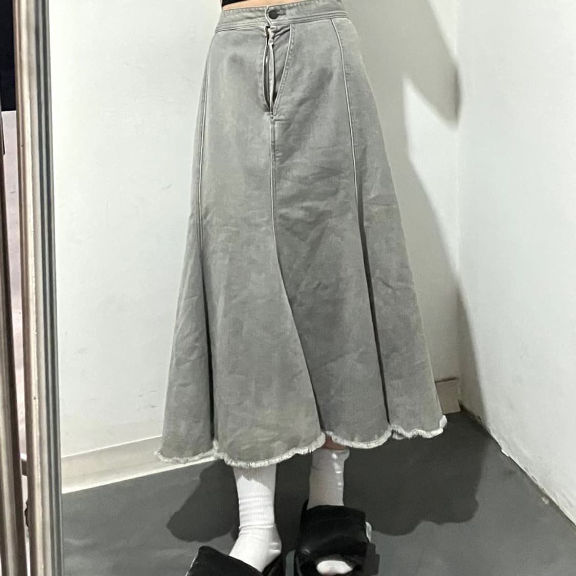 펑크 흑청 데님 롱스커트 상품이미지1