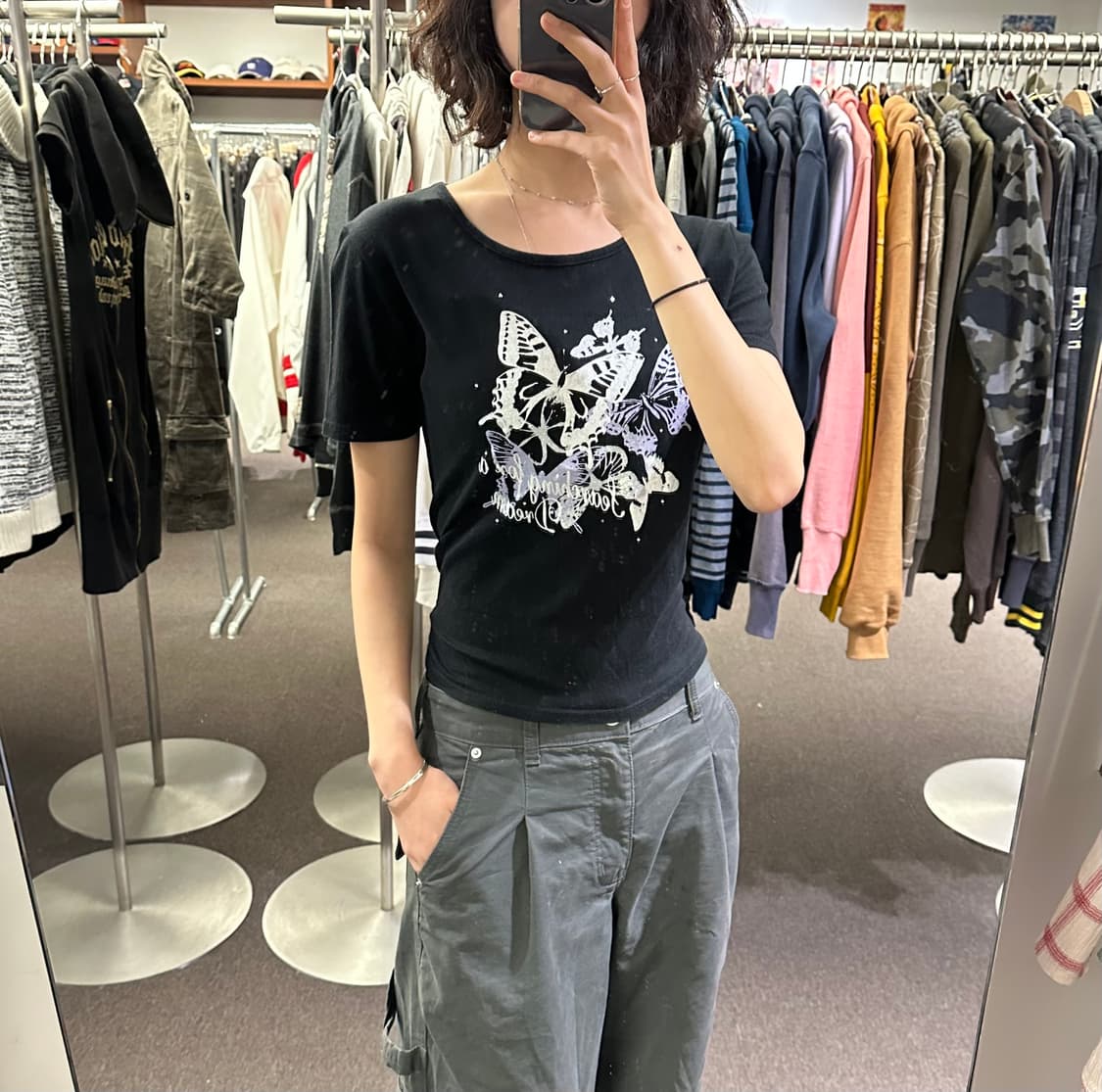 M)Japanese vintage 여성 나비 프린팅 큐빅 반팔 상품이미지1