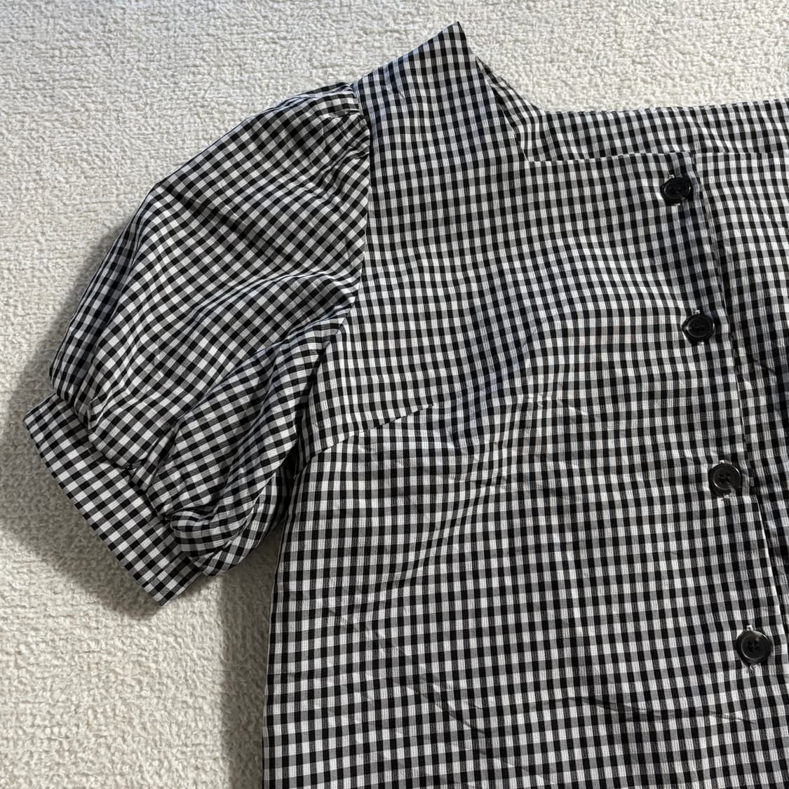 일본빈티지 블랙화이트 체크 스퀘어넥 반팔 탑 상품이미지2