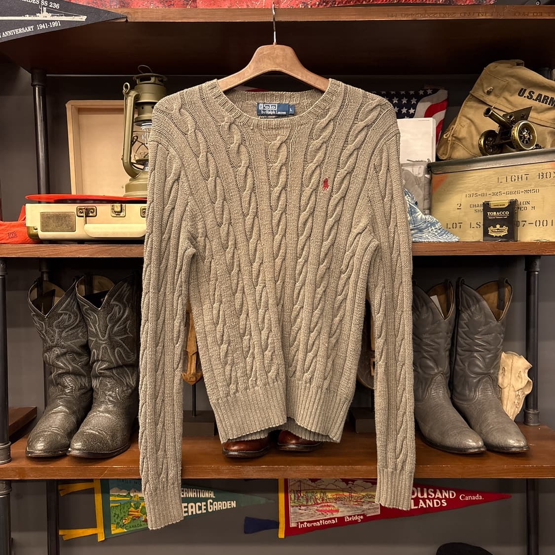90s 폴로 랄프로렌 캐시미어 케이블 핸드니트 스웨터 카키 N992 상품이미지1