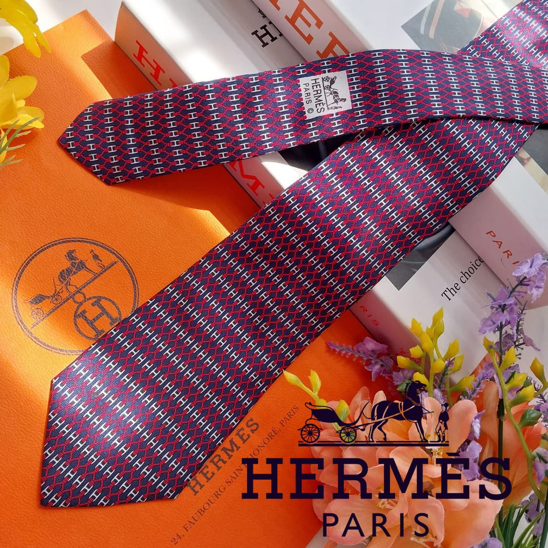 에르메스 실크 네이비 H 패턴 넥타이 8.2cm S~A+등급 K2549 상품이미지1
