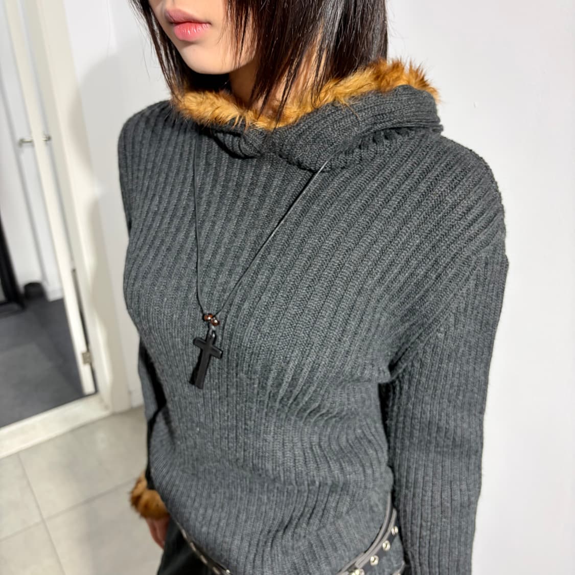 Amava arzuaga 차콜 퍼 니트 후드 상품이미지2