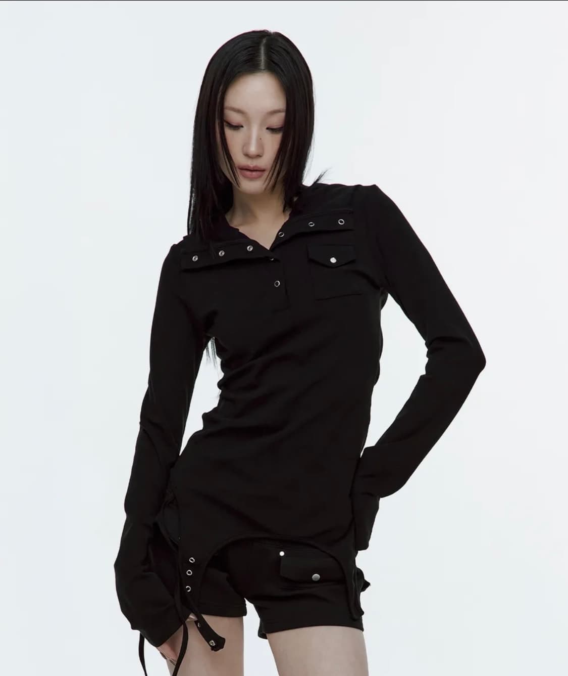 [새상품] 러프넥 가터 후디드 헨리 탑 블랙  상품이미지1