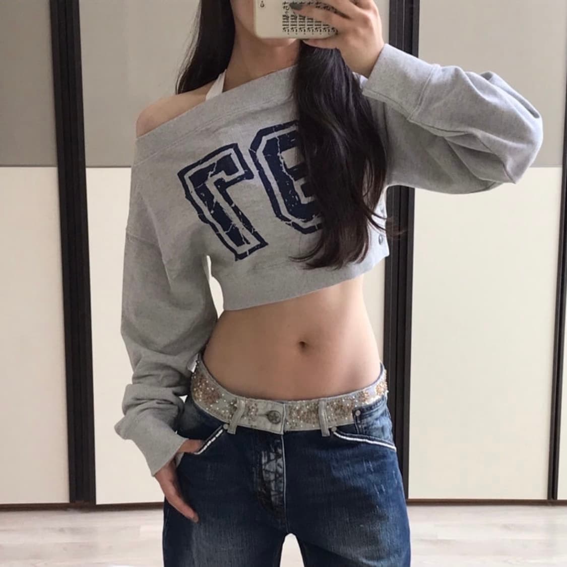 스컬프터 오프숄더 크롭 스웻셔츠 멜란지 그레이 XS 상품이미지1