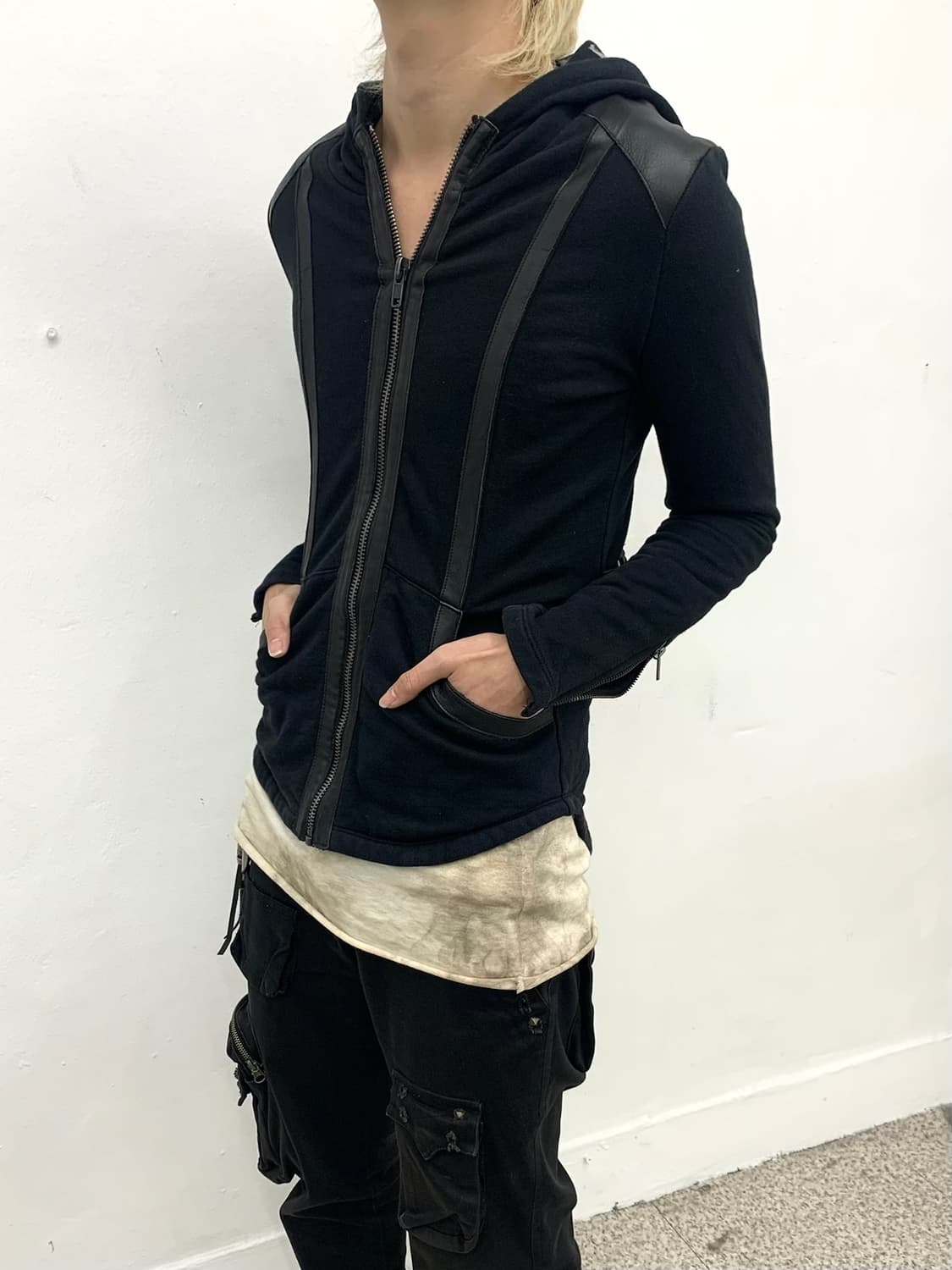 Leather strap unbalanced hoodie 상품이미지2