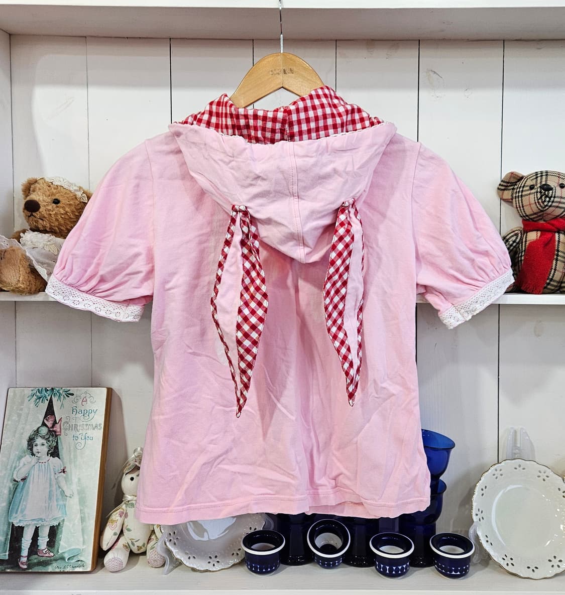 (BODY LINE) 토끼후드 하트 체크 반팔 후드탑 상품이미지5